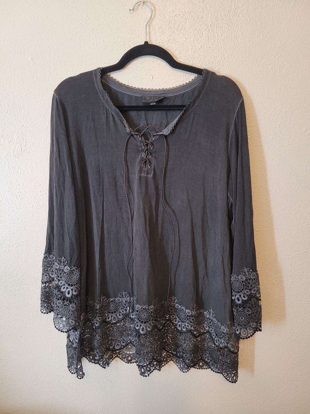 POL Charcoal Lace Trim Lace Up Boho Tunic Top Blouse Style ELT408 Small